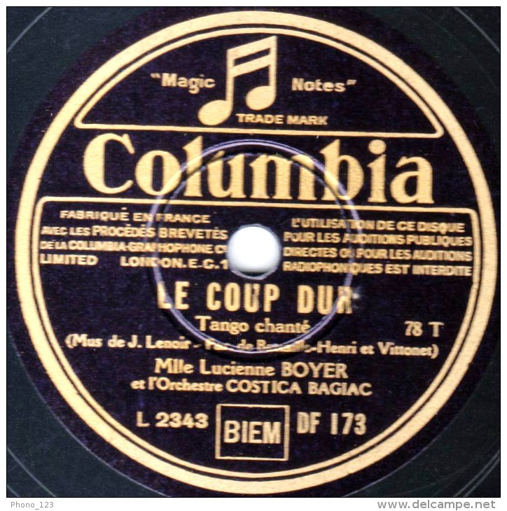 78 Trs - Columbia DF 173 - état EX - Lucienne BOYER - ATTENDS - LE COUP DUR - 78 Rpm - Schellackplatten