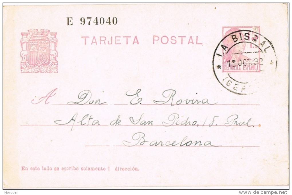 3608. Entero Postal LA BISBAL (Gerona) 1932. Variedad ERROR Impresion - 1931-....