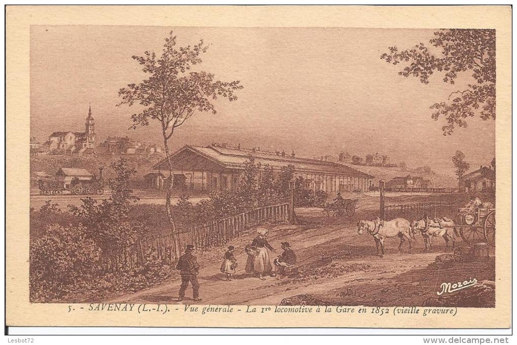 Cpa, Savenay (L.-I.), Vue Générale - La 1re Locomotive à La Gare En 1852 (vieille Gravure), Bien Animée - Savenay