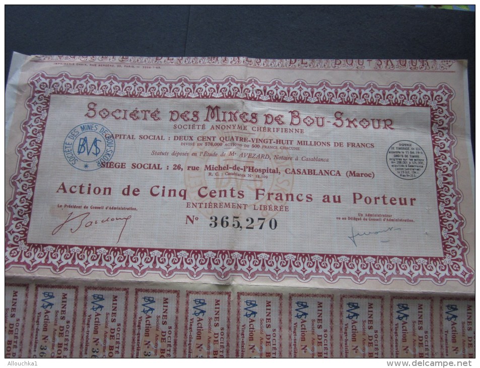 Société Des Mines De Bou-Skour Casablanca Maroc Action 500 Fr. Au Porteur Scripophilie :Titre/Action 1949 - Mineral