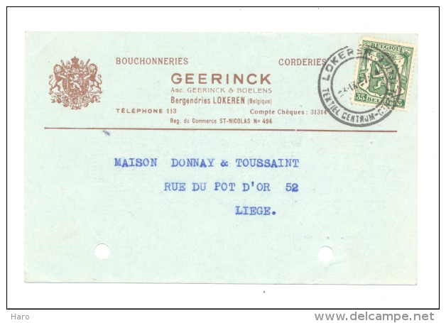 Carte Lettre - Bouchonneries Et Corderies  Geerinck à LOKEREN 1937 (b120) - Lokeren