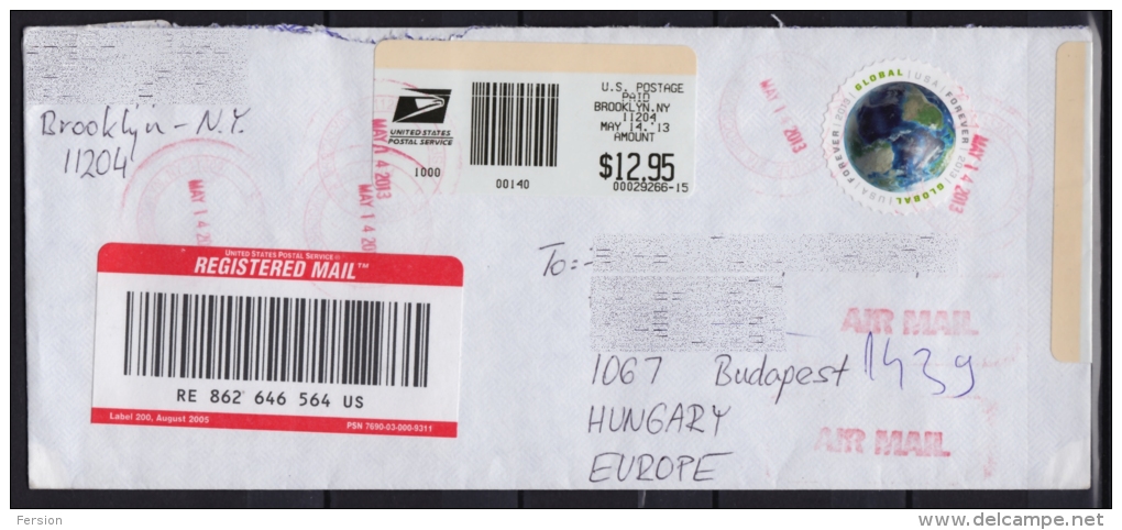 2013 USA - AIR Mail - REGISTERED Letter + ATM Label / Brooklyn New York - Hungary Budapest - Covers & Documents