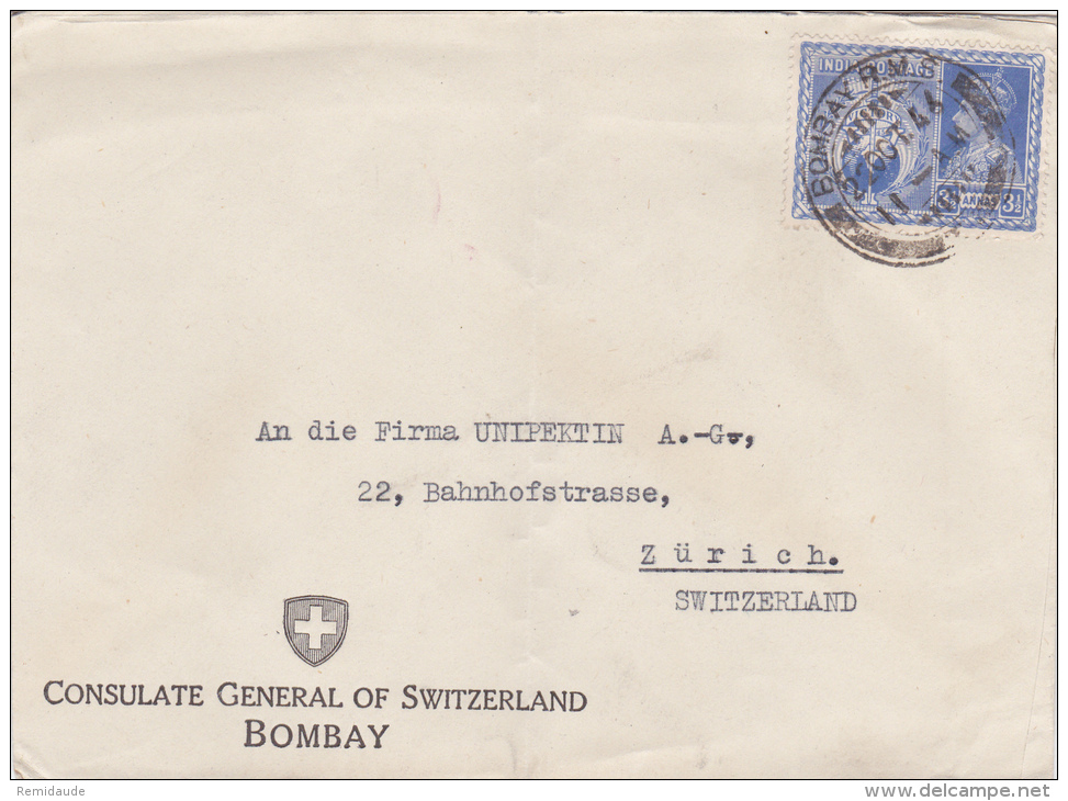 INDIA - 1946 - ENVELOPPE Du CONSULAT De SUISSE De BOMBAY Pour ZÜRICH - Covers & Documents