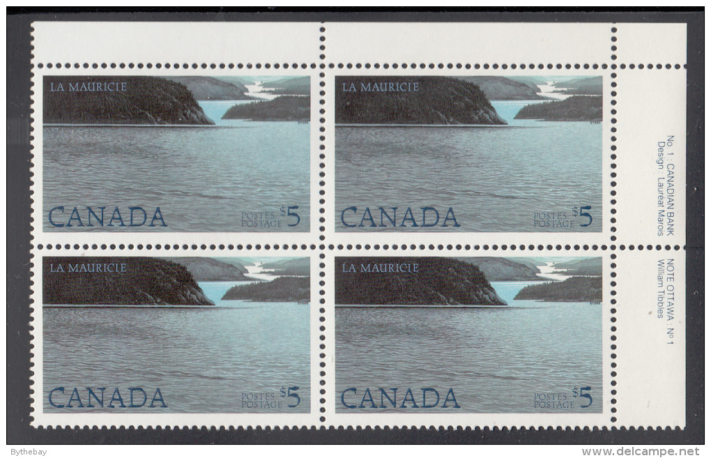 Canada MNH Scott #1084 Upper Right Plate Block $5 La Maurice National Park, Plate 1 Canadian Bank Note - Num. Planches & Inscriptions Marge