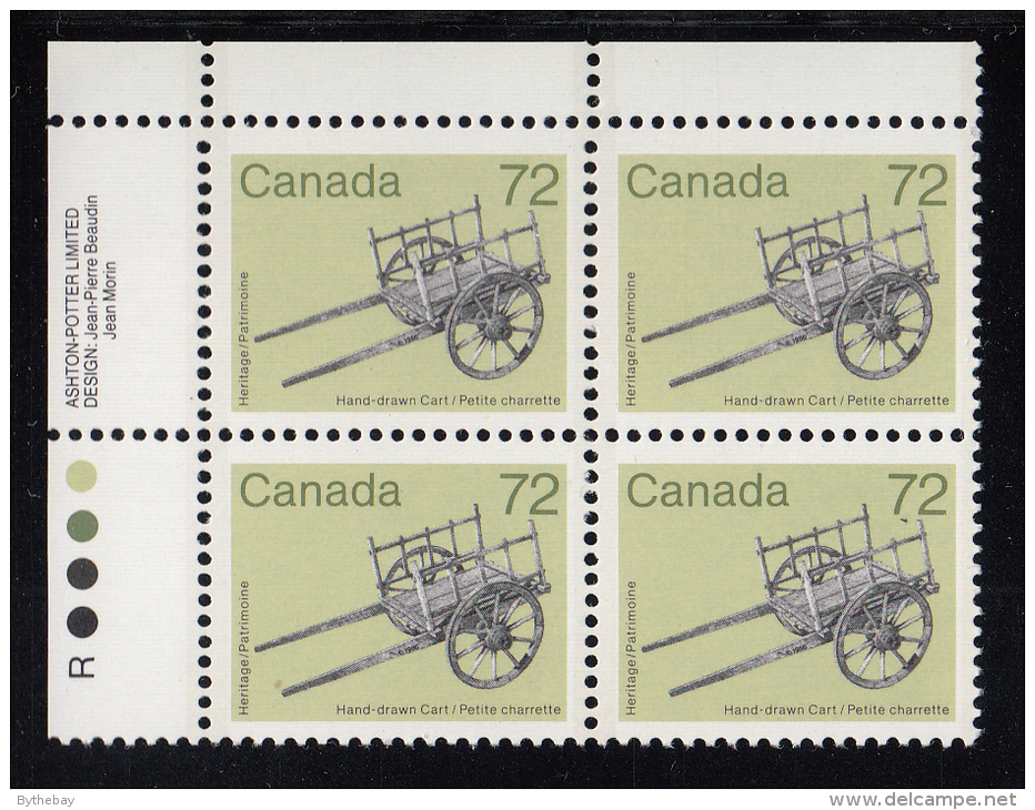 Canada MNH Scott #1083ii Upper Left Plate Block 72c Hand-drawn Cart, NF - Num. Planches & Inscriptions Marge