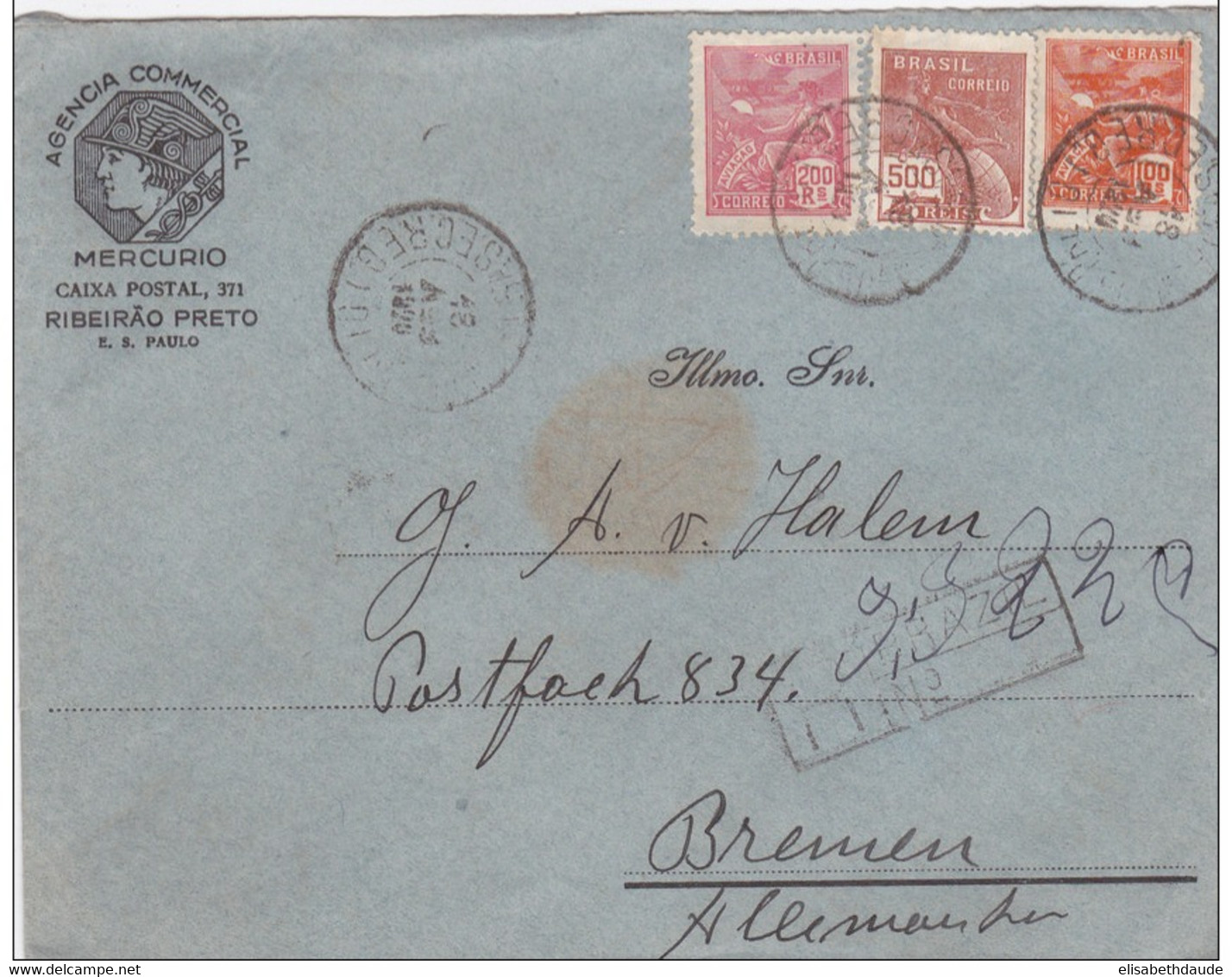 BRASIL - 1926 - ENVELOPPE RECOMMANDEE De SAO PAULO Pour BREMEN (GERMANY) - Briefe U. Dokumente