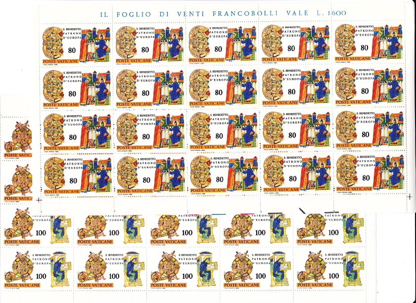 1980 S. Bernedetto, Patrono D´Europa  Sass 671-675 ** In Foglie Complete Di 20 Ex. - Unused Stamps
