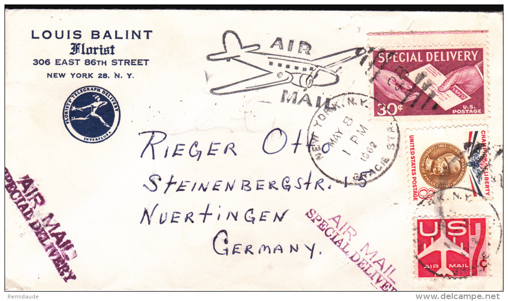 USA - 1962 - ENVELOPPE AIRMAIL De NEW YORK Pour NUERTINGEN (GERMANY) - CACHET "TELEGRAPH DELIVERY" D´INTERFLORA Au DOS - Storia Postale