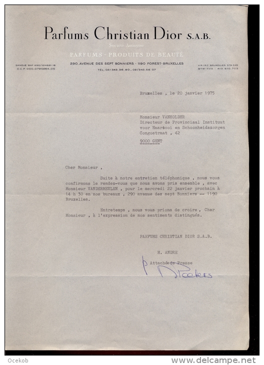 Factuur Brief Lettre Parfums Christian Dior Bruxelles 1975 - Droguerie & Parfumerie