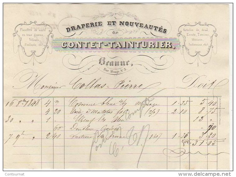 21 BEAUNE FACTURE 1848 DRAPERIE CONTET TAINTURIER   - JV34 - Kleding & Textiel