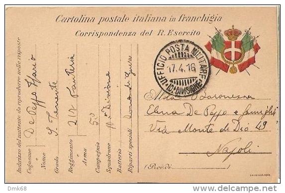 CARTOLINA POSTALE IN FRANCHIGIA - UFFICIO POSTA MILTARE 10 DIVISIONE - 1916 - War 1914-18