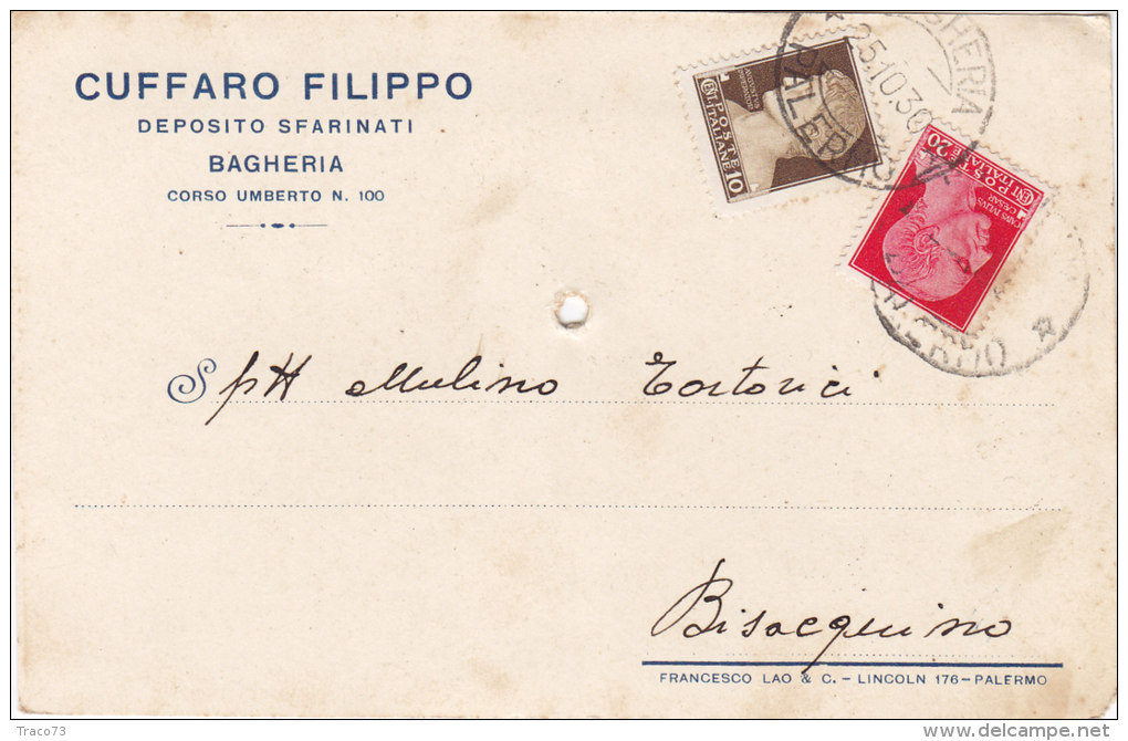 BAGHERIA / Cartolina Pubblicitaria  " CUFFARO Filippo - Deposito Sfarinati "  Firma _ Viaggiata - Palermo