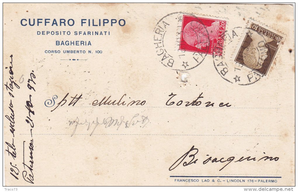 BAGHERIA / Cartolina Pubblicitaria  " CUFFARO Filippo - Deposito Sfarinati "  Firma _ Viaggiata - Palermo