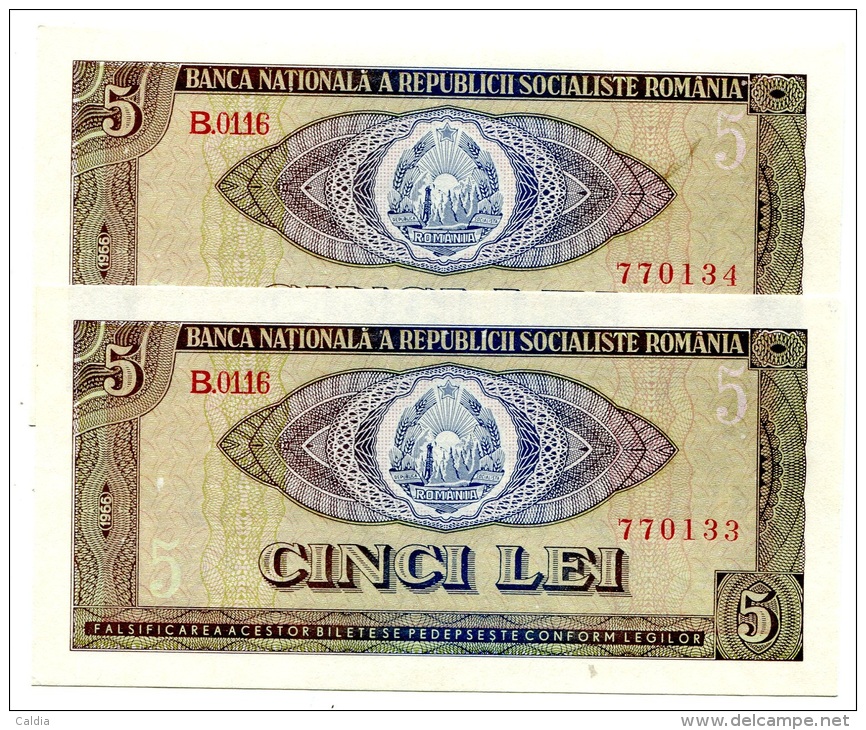 Roumanie Romania Rumänien 5 Lei 1966 UNC - 2 Consecutives - Romania