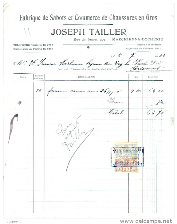 Belgique:MARCHIENNE-DOCHERIE:Facture De Joseph Tailler,Fabrique De Sabots Et Commerce - 1900 – 1949