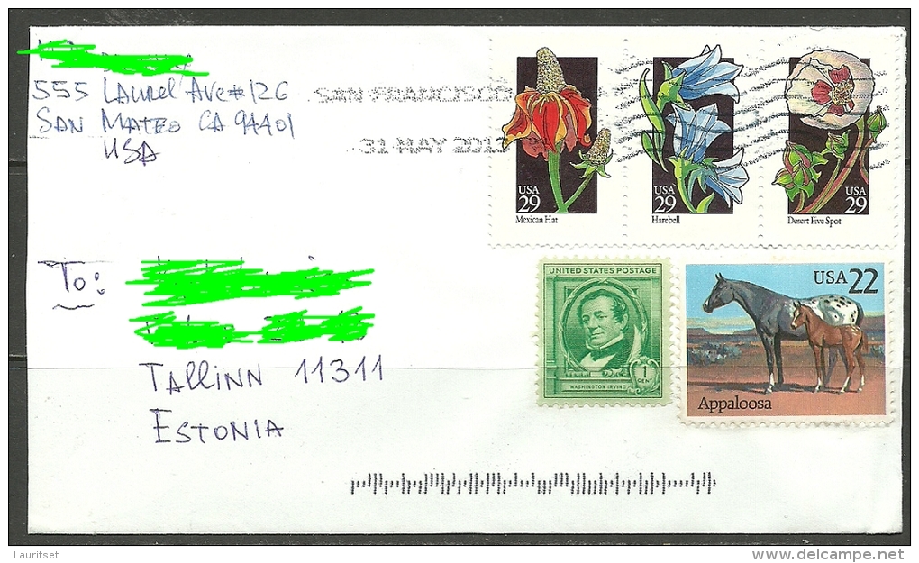 USA Letter To Estonia Estland Estonie 2013 Flowers Horses Etc - Lettres & Documents