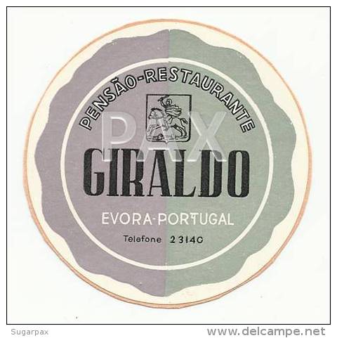 EVORA &#9830; PENSÃO RESTAURANTE GIRALDO ( 6,8 Cm ) &#9830; PORTUGAL &#9830; VINTAGE LUGGAGE LABEL &#9830; 1 SCAN - Hotel Labels