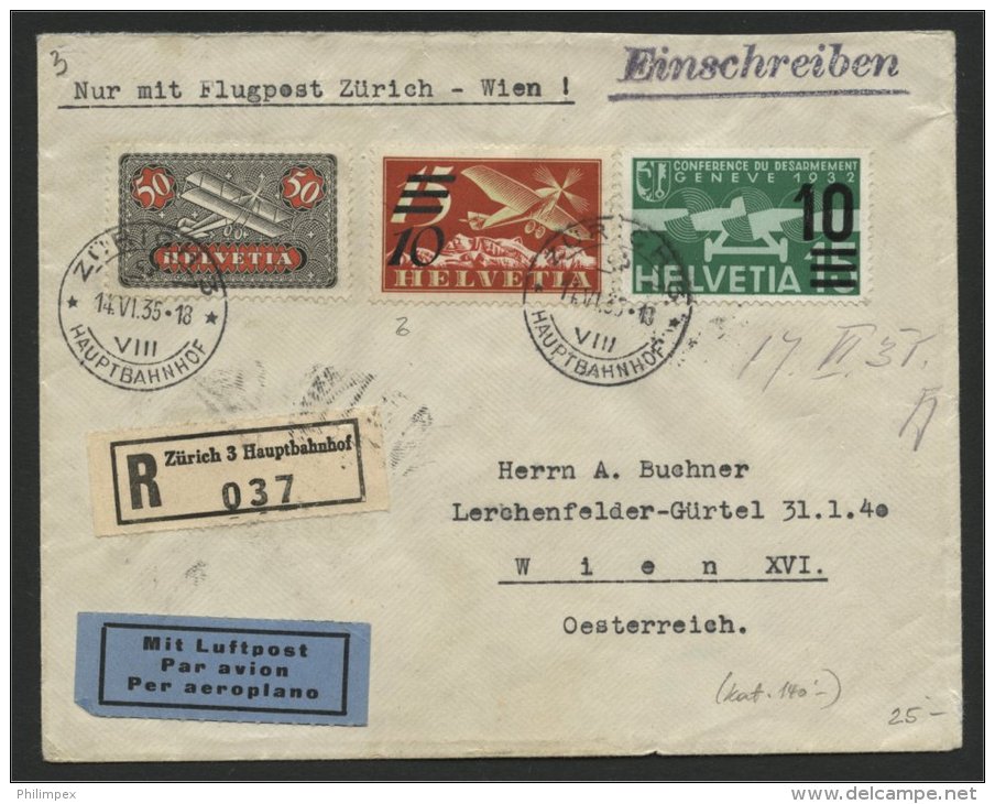 SWITZERLAND, AIRPOST COVER 1935 TO VIENNA, RARESURCHARGE STAMP - Autres & Non Classés