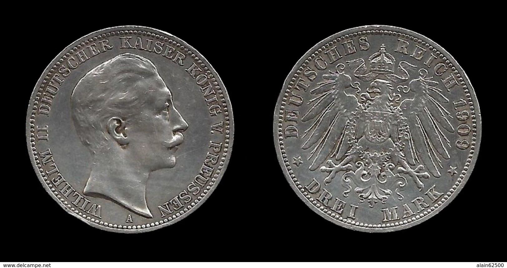 ALLEMAGNE . PRUSSE . WILHELM II . 3 MARK . 1909 A . - Verzamelingen