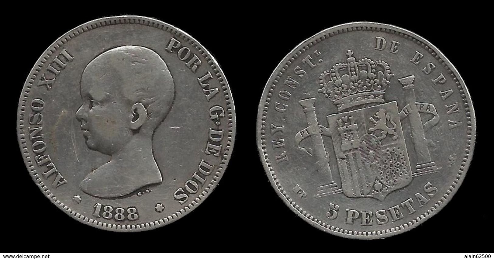 ESPAGNE . ALFONSE XIII . 5 PESETAS . 1888 . - First Minting