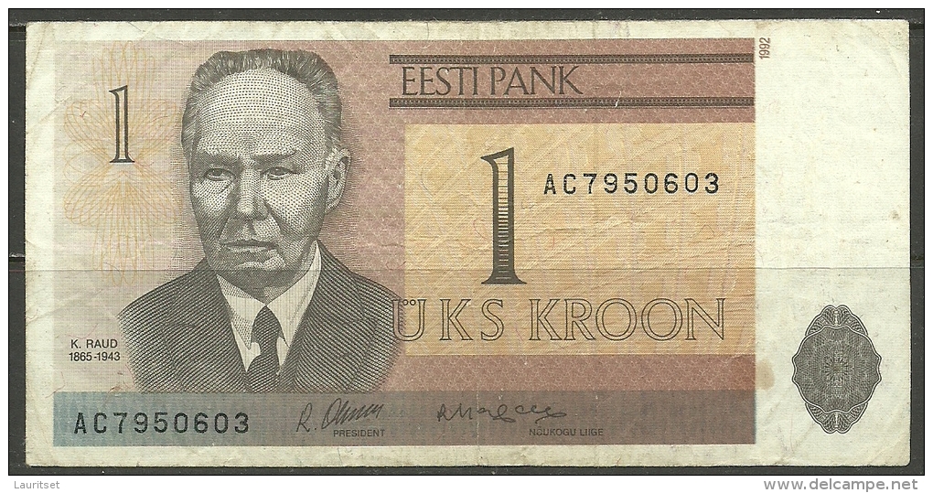 Estland Estonia Estonie 1 Kroon 1992 Kristjan Raud Banknote Bank Note - Estland