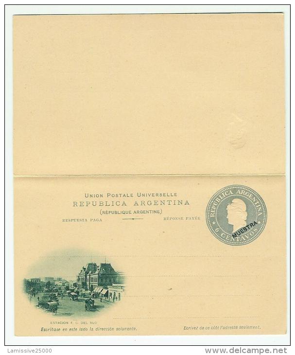 ENTIER POSTAL ARGENTINE CARTE AVEC REPONSE  AVEC ILLUSTRATION  ESTACION F C DEL SUD MUESTRA SECIMEN  POSTAL STATIONERY - Enteros Postales