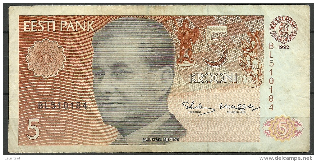 Estland Estonia Estonie 5 Krooni 1992 Banknote Bank Note Schach Chess PAUL KERES - Estonia
