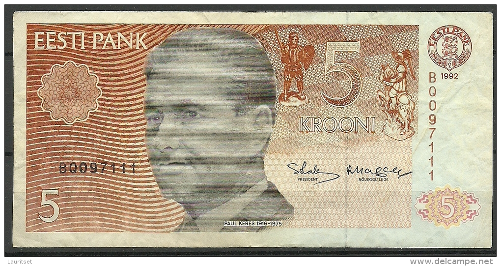 Estland Estonia Estonie 5 Krooni 1992 Banknote Bank Note Schach Chess PAUL KERES - Estonia