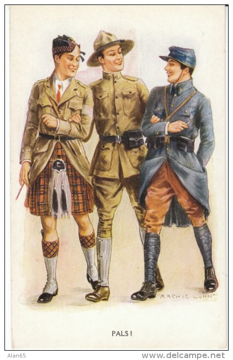 Archie Gunn WWI Series 'Pals ' Allied Soldiers Arm In Arm, C1910s Vintage Postcard - Gunn