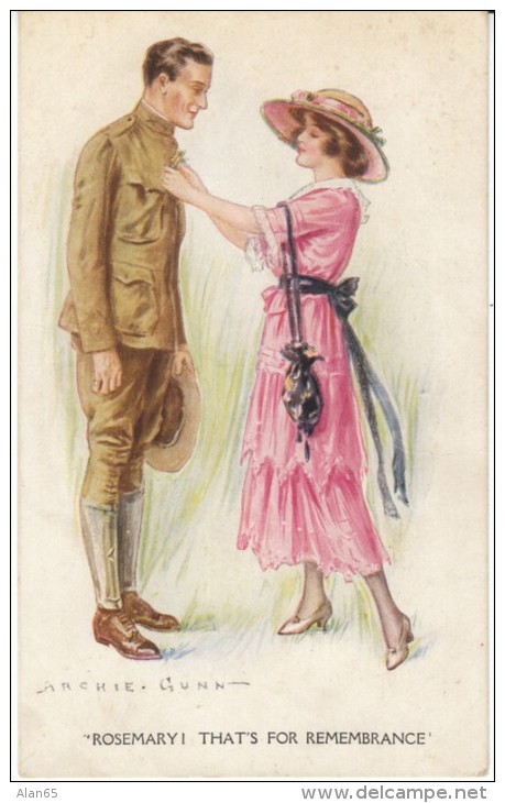Archie Gunn WWI Series 'Rosemary! That's For Remembrance' Soldier With Woman Romance, C1910s Vintage Postcard - Gunn