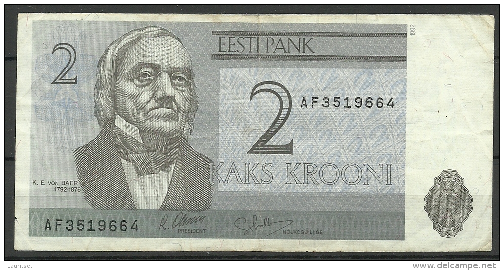 Estland Estonia Estonie 2 Krooni 1992 Banknote Karl Ernst Von Baer Universität Dorpat Tartu - Estonia