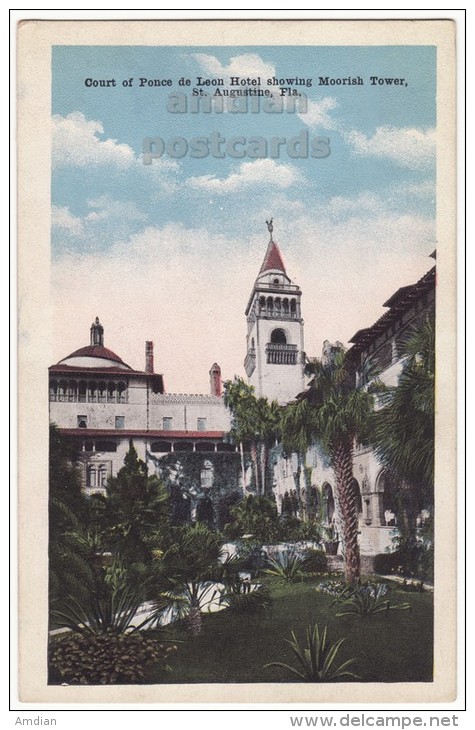 USA, ST AUGUSTINE FL ~ PONCE DE LEON HOTEL COURT ~ MOORISH TOWER ~ C1920s-1930s Unused Vintage Postcard - FLORIDA [4096] - St Augustine