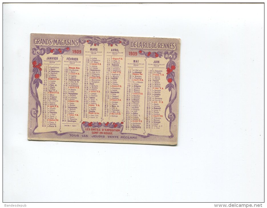 PARIS GRANDS MAGASINS DE LA RUE DE RENNES  CHARMANT MINI CALENDRIER 1909  UN PLI - Formato Piccolo : 1901-20