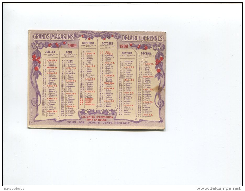 PARIS GRANDS MAGASINS DE LA RUE DE RENNES  CHARMANT MINI CALENDRIER 1909  UN PLI - Petit Format : 1901-20