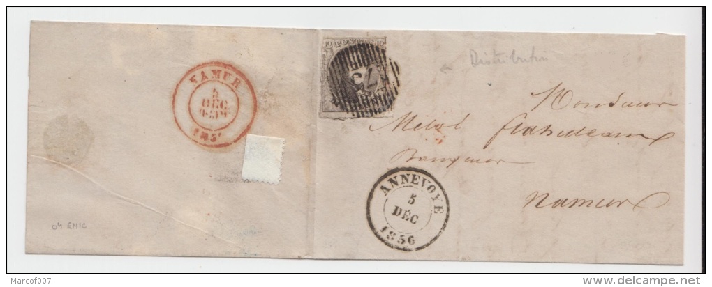 LETTRE (LSC)  DE ANNEVOYE  1856 ANNEVOIE POUR NAMUR + DISTRIBUTION 75 A VOIR TRES BEAU - Postmarks - Lines: Distributions