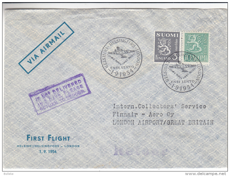 Finlande - Lettre De 1954 - 1er Vol Helsinki - Londres - Brieven En Documenten