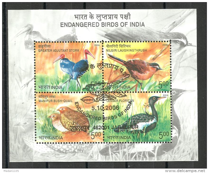 INDIA, 2006, FIRST DAY CANCELLED AT JABALPUR, Endangered Birds Of India,, Miniature Sheet , - Oblitérés