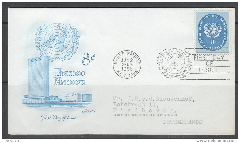 ENVELOPPE 1ER JOUR DES NATIONS UNIES N.Y. - SERIE COURANTE 1958 : N° Y&T 61 - Otros & Sin Clasificación