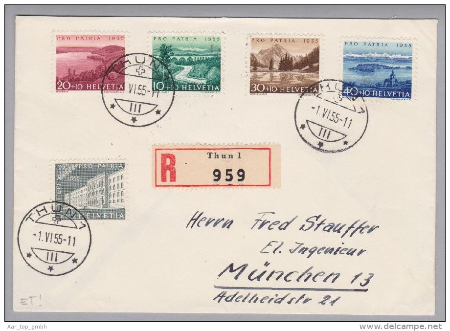 Schweiz Pro Patria 1955-06-01 Thun R-ET-Satz-Brief Nach München - Storia Postale