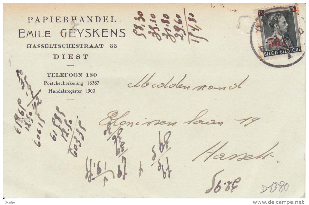 Diest, Papierhandel Emile Geyskens - 1942 Naar Hasselt - Diest