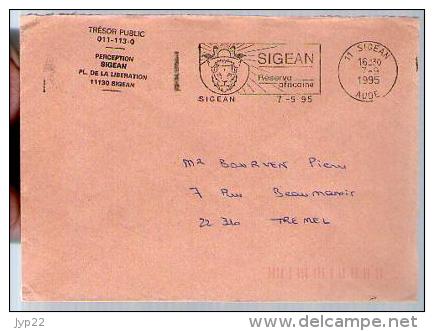 France Lettre Trésor Public Perception Flamme & CAD Sigean 7-09-1995 Pour Trémel 22 - Réserve Africaine - Cartas & Documentos