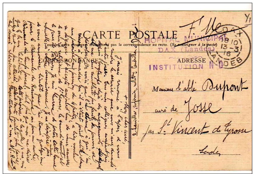 Carte Avec Cachet Hopital Municipal Dax Institution ND - Guerre De 1914-18