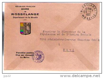 France Lettre Mairie De Rosselange Moselle CAD 6-04-1962 - Cachet Mairie & Armoiries - Briefe U. Dokumente
