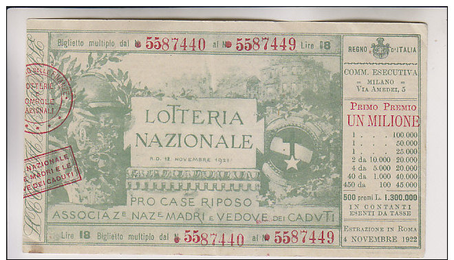 Biglietto Lotteria 1922 Lotteria Nazionale - Pro Case Di Riposo - Biglietti Della Lotteria