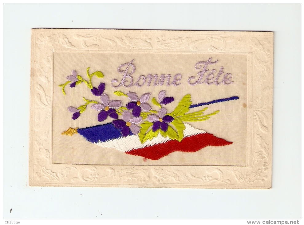 Carte Brodée : Bonne Fête : Bouquet De Violettes Sur Drapeau Français - Brodées