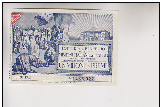 Biglietto Lotteria 1923 Di Beneficio Missioni Italiane All'Estero - Billets De Loterie