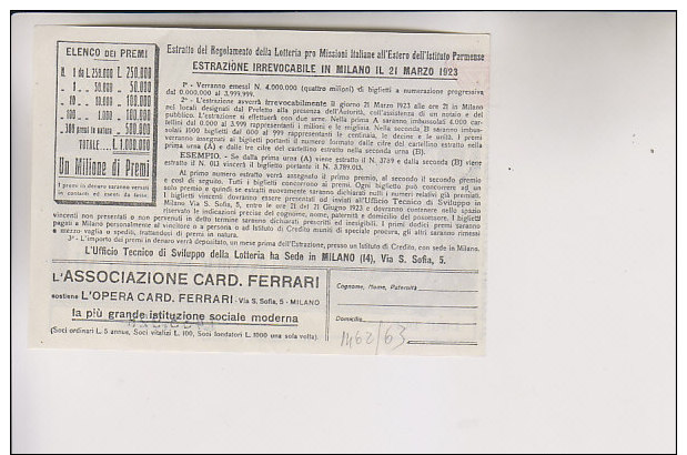 Biglietto Lotteria 1923 Di Beneficio Missioni Italiane All'Estero - Billets De Loterie