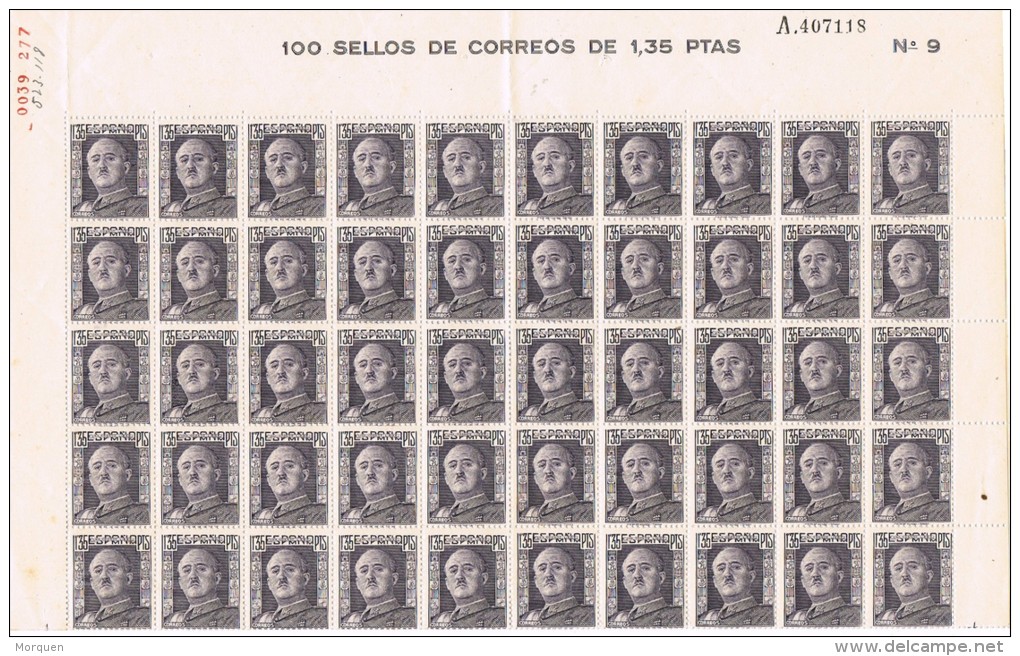 Coordinar Desfavorable gastos generales 1931-50 Unused stamps - Pliego hoja completa 100 sellos, General Franco  1,35 pts, num 1061 **