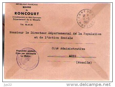 France Lettre Mairie De Roncourt Moselle CAD 16-05-1962 - Cachet Mairie - Brieven En Documenten