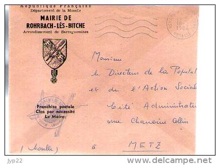 France Lettre Mairie De Rohrbach Lès Bitche Moselle CAD 18-02-1964 - Cachet Mairie & Armoiries - Brieven En Documenten